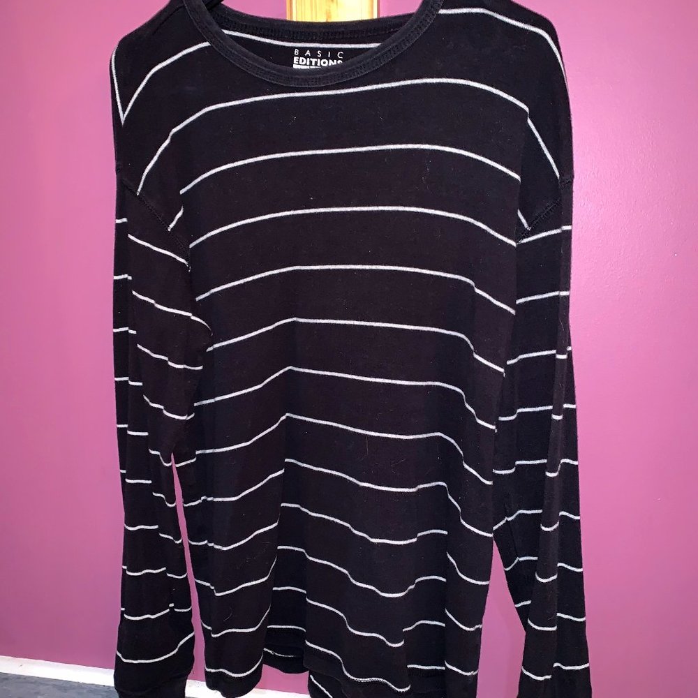 Men's Medium Basic Editions Black and White Striped Long Sleeve
